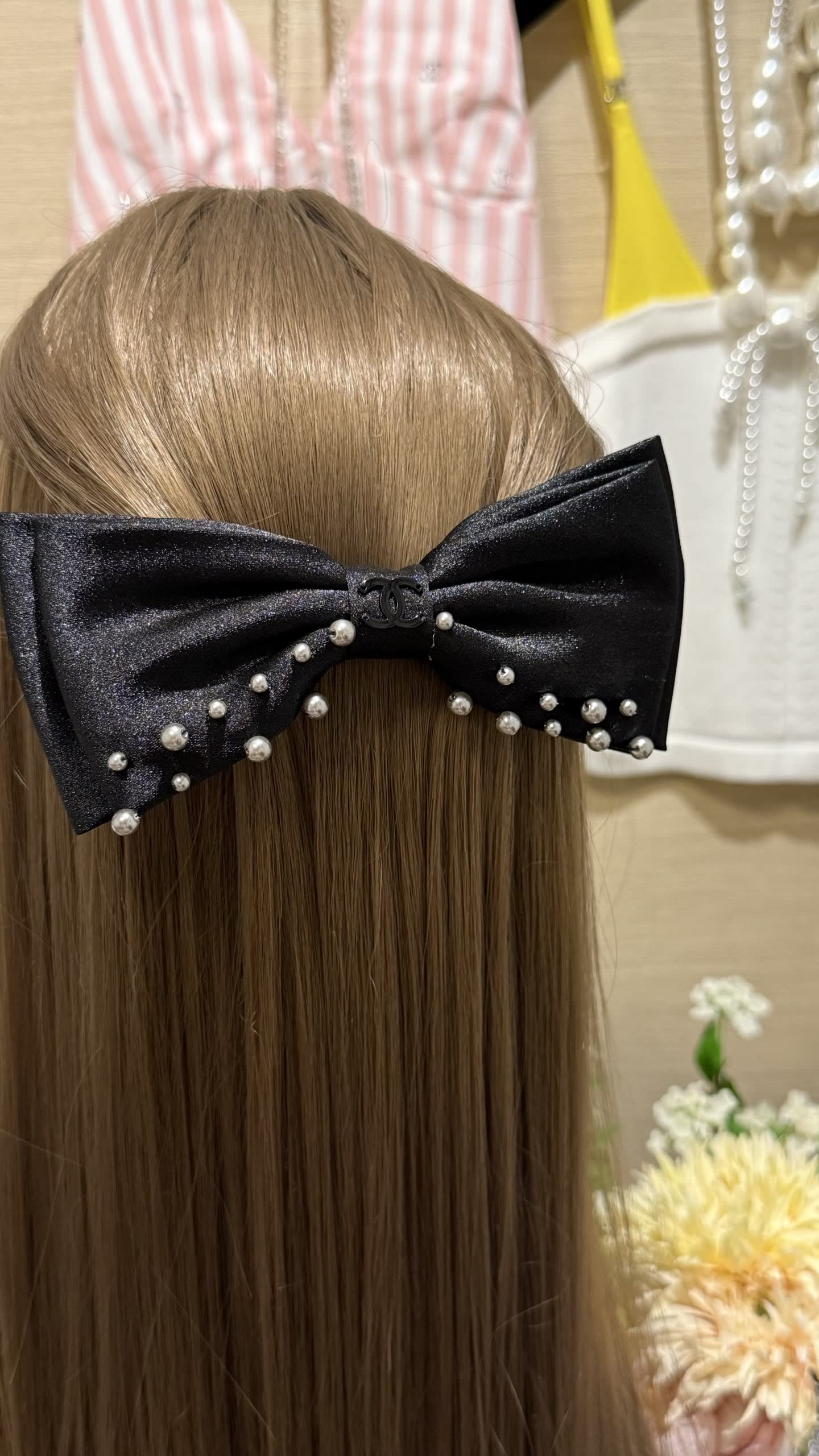 Chanel Black Satin Bow Hair Clip with Pearls
